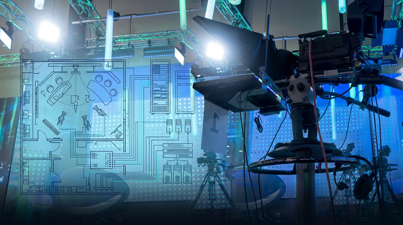 Production studio camera and overhead lighting with overlaid studio floor-plan drawings, equipment rack elevations, and signal-routing schematics